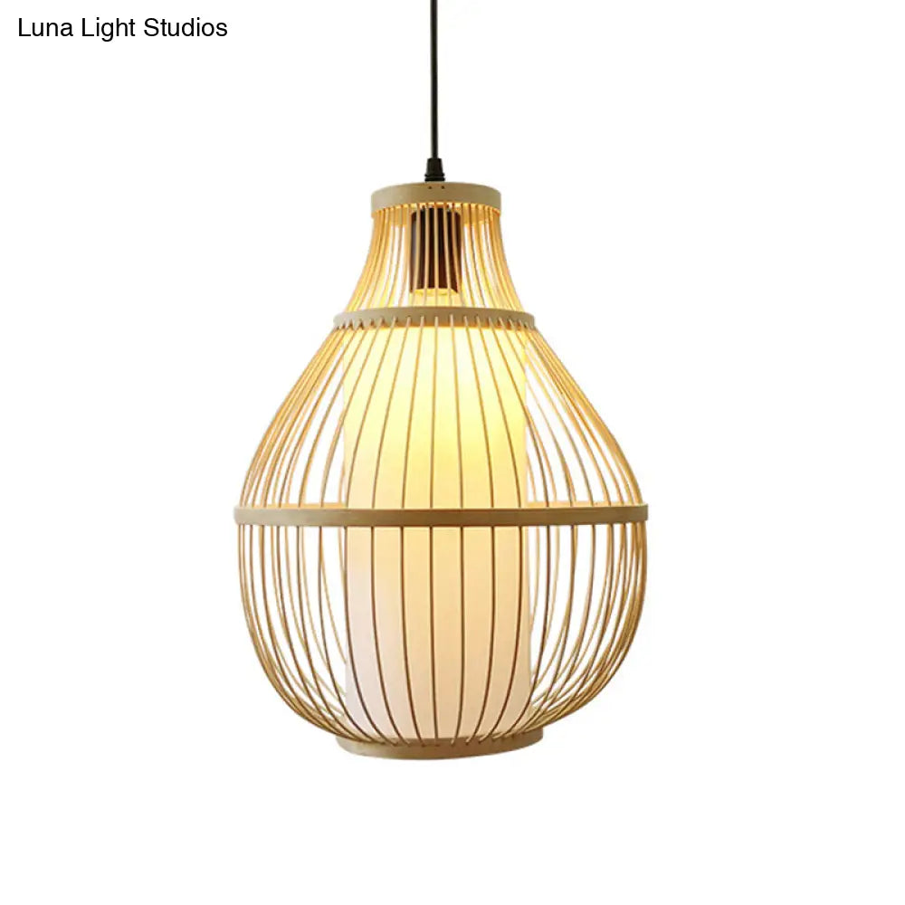 Chinese Bamboo 1-Head Pendant Light For Dining Room In Beige Pear