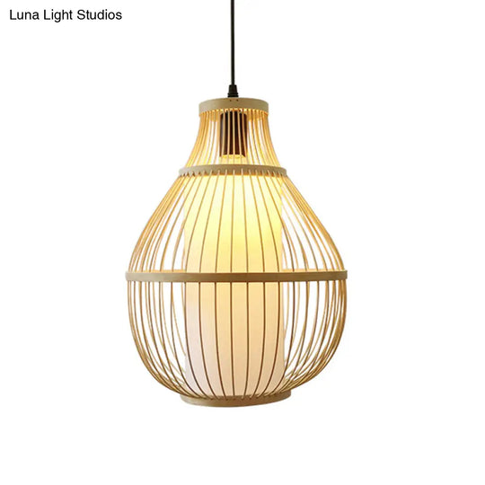 Chinese Bamboo 1-Head Pendant Light For Dining Room In Beige Pear