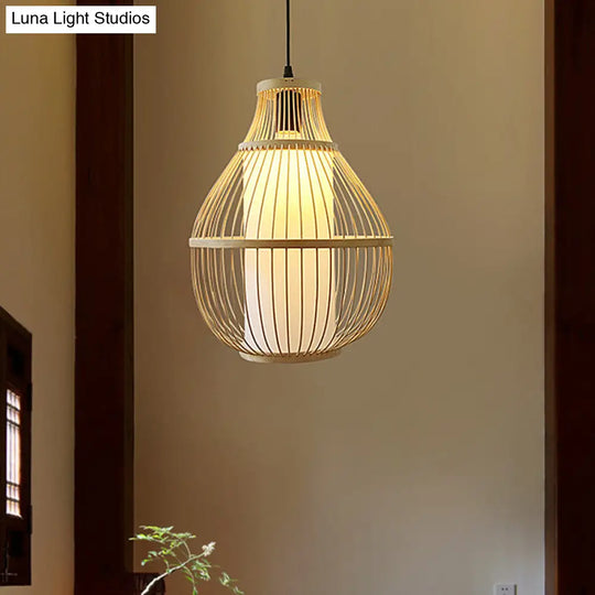 Chinese Bamboo 1-Head Pendant Light For Dining Room In Beige Pear