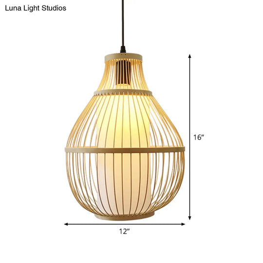 Chinese Bamboo 1-Head Pendant Light For Dining Room In Beige Pear