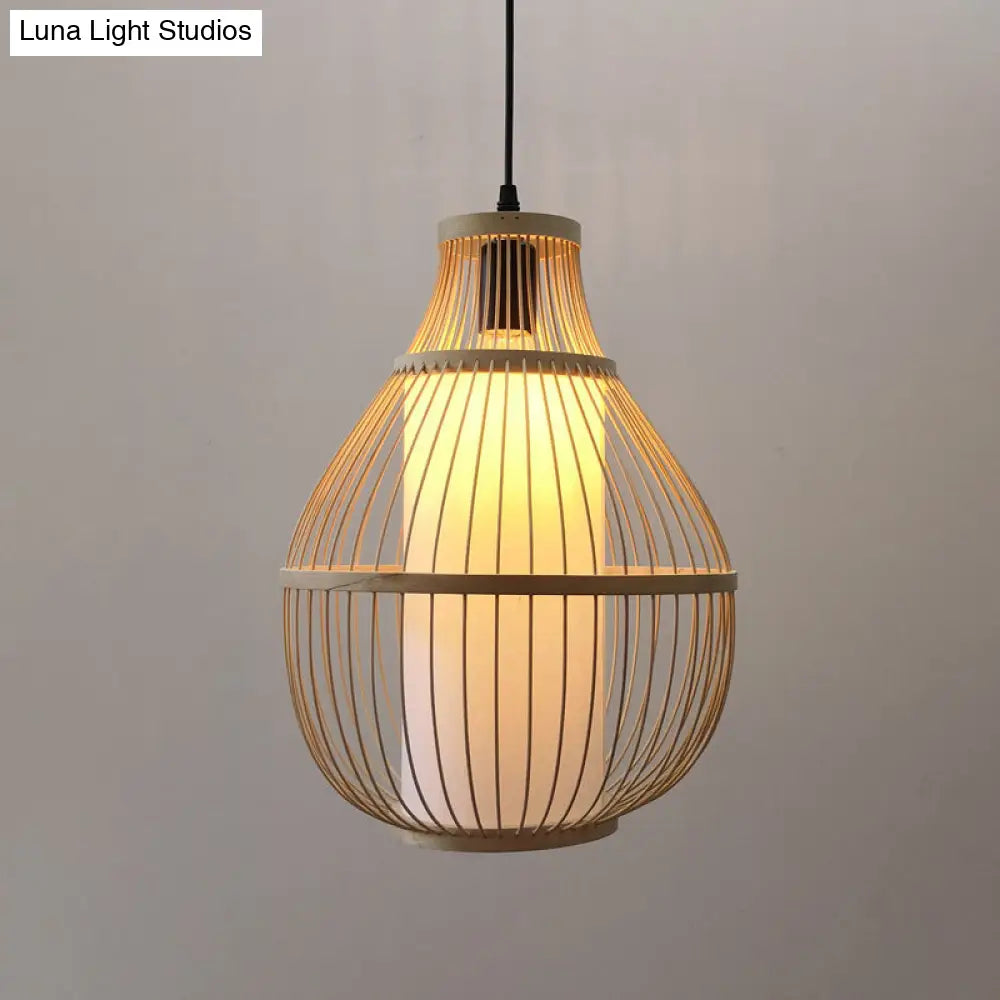 Chinese Bamboo 1-Head Pendant Light For Dining Room In Beige Pear