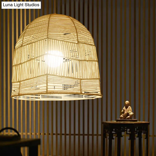 Chinese Bamboo Ceiling Suspension Lamp For Restaurants Head Basket Pendant Lighting In Wood