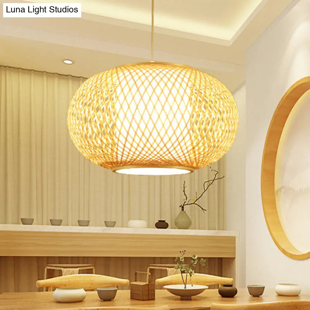 Chinese Bamboo Criss Cross Weaving Hanging Lamp Kit - Tearoom Pendant Light With Wood Finish (1