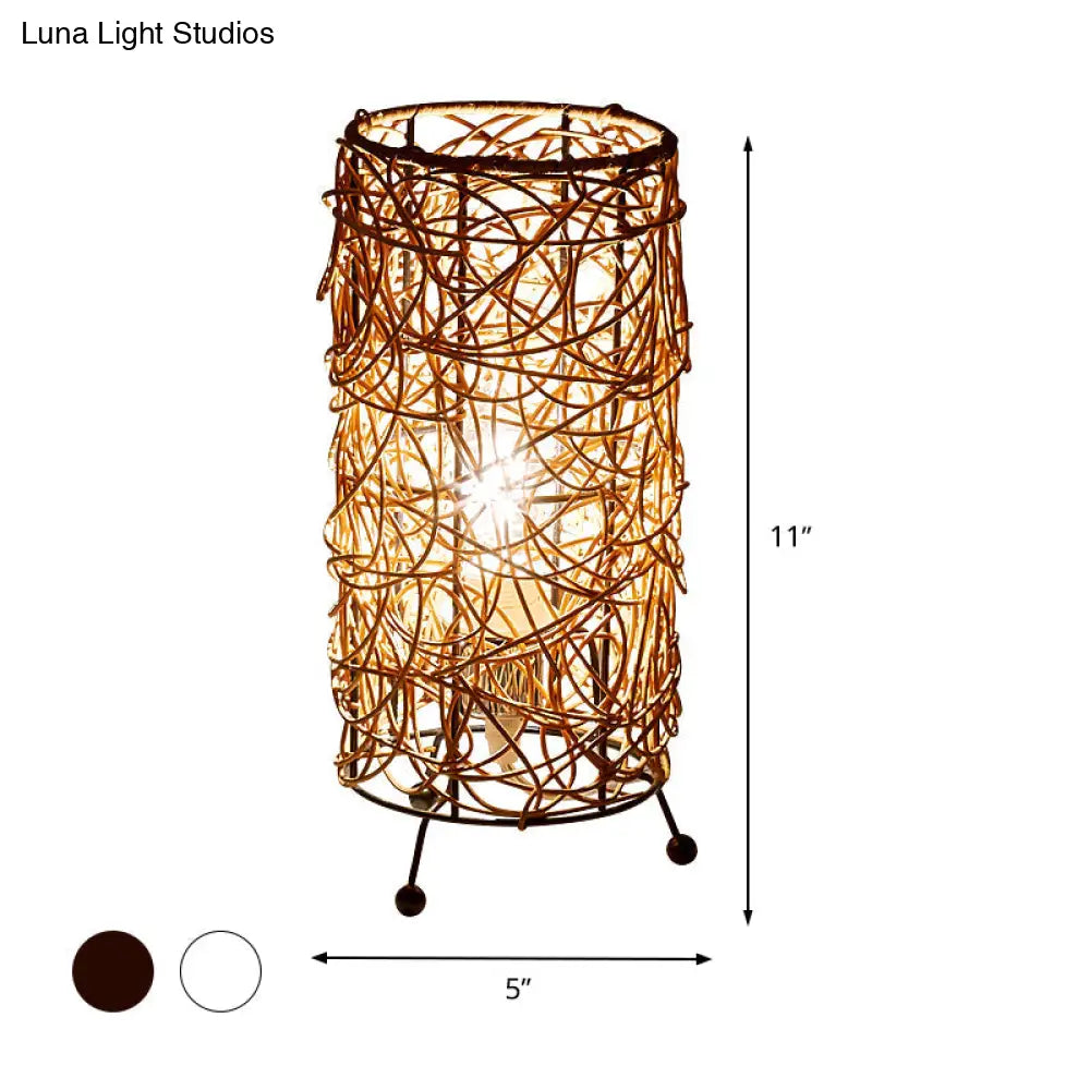 Chinese Bamboo Cylindrical Desk Light: 1 Bulb Task Lighting For Living Room In White/Coffee