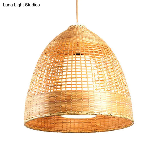 Chinese Bamboo Hand-Twisted Bell Ceiling Pendant In Beige Single Living Room Hanging Lamp 16/19.5