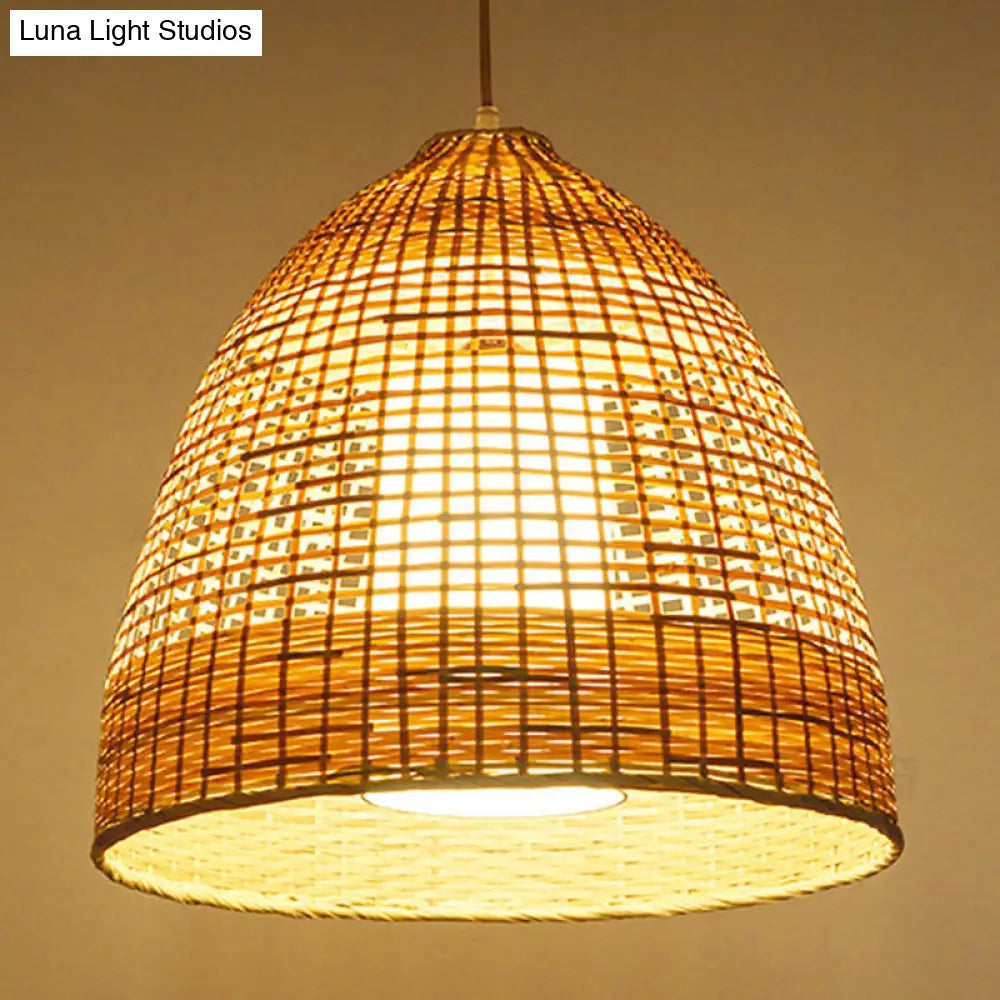 Chinese Bamboo Hand-Twisted Bell Ceiling Pendant In Beige Single Living Room Hanging Lamp 16/19.5