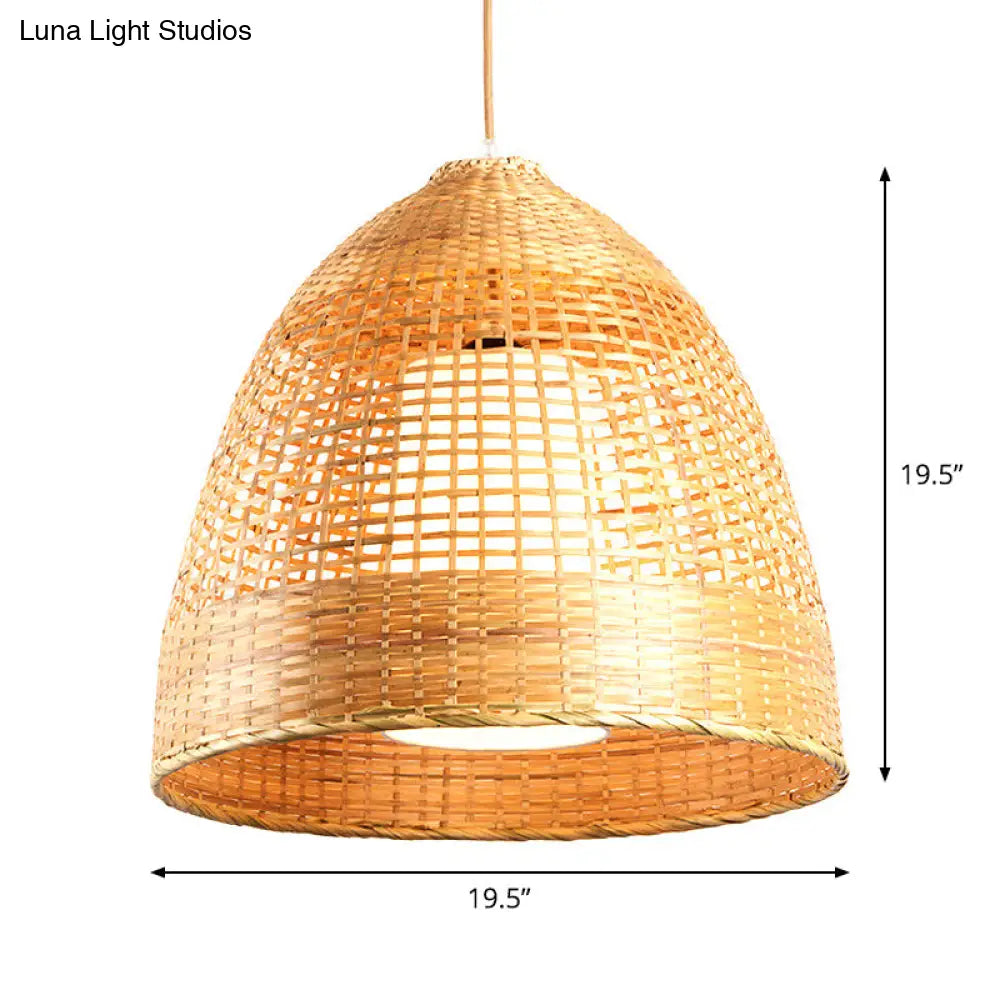 Chinese Bamboo Hand-Twisted Bell Ceiling Pendant Lamp - Single Beige 16’/19.5’ Width Living