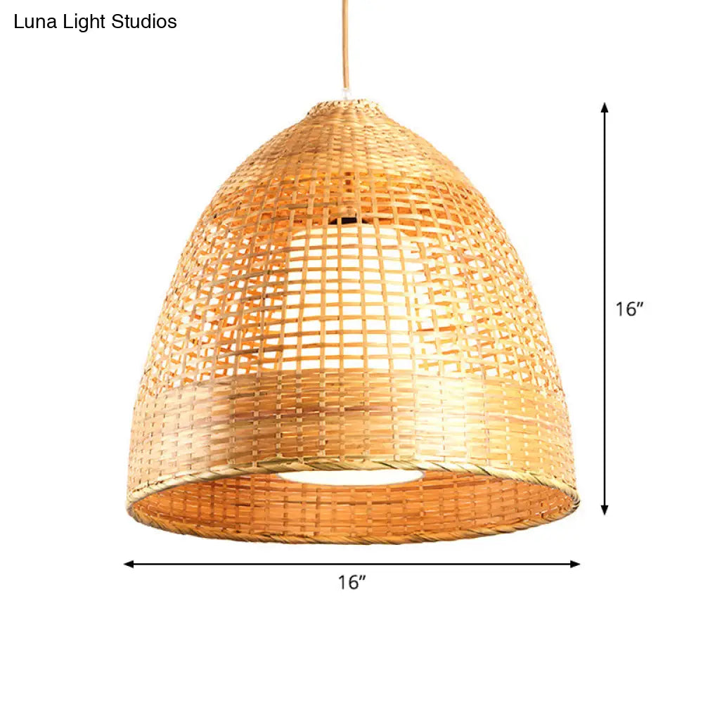 Chinese Bamboo Hand-Twisted Bell Ceiling Pendant Lamp - Single Beige 16’/19.5’ Width Living