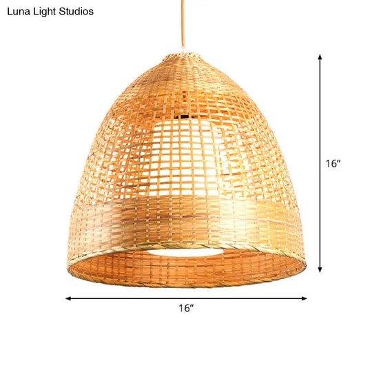 Chinese Bamboo Hand-Twisted Bell Ceiling Pendant In Beige Single Living Room Hanging Lamp 16/19.5
