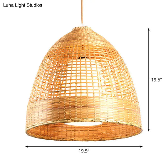 Chinese Bamboo Hand-Twisted Bell Ceiling Pendant In Beige Single Living Room Hanging Lamp 16/19.5