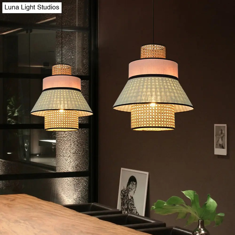 Chinese Bamboo Hanging Lamp Ceiling Pendant Light In Pink/Green - Conical Design 1 Bulb