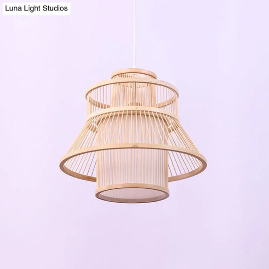 Chinese Bamboo Hanging Light: Flared Wood Design With 1 Bulb For Tearoom