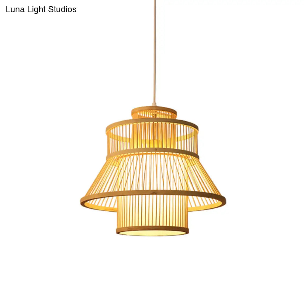 Chinese Bamboo Hanging Light: Flared Wood Design With 1 Bulb For Tearoom