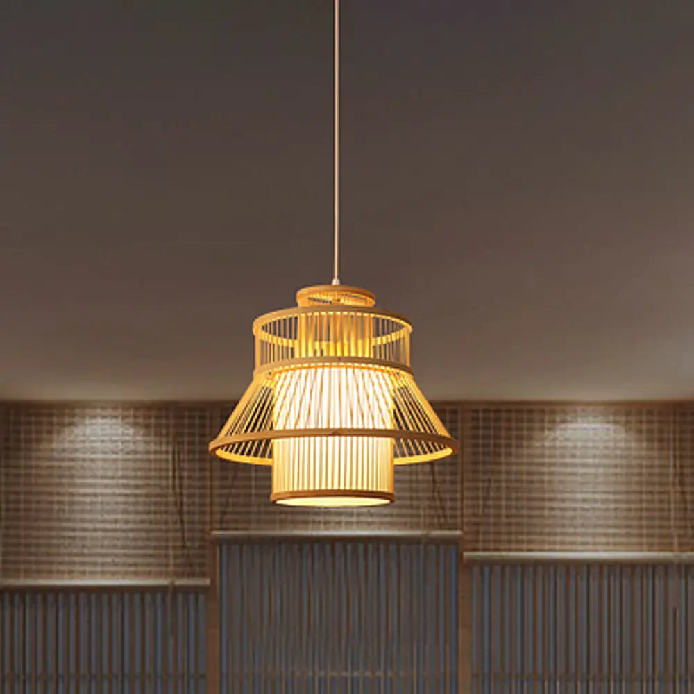 Chinese Bamboo Hanging Light: Flared Wood Design With 1 Bulb For Tearoom