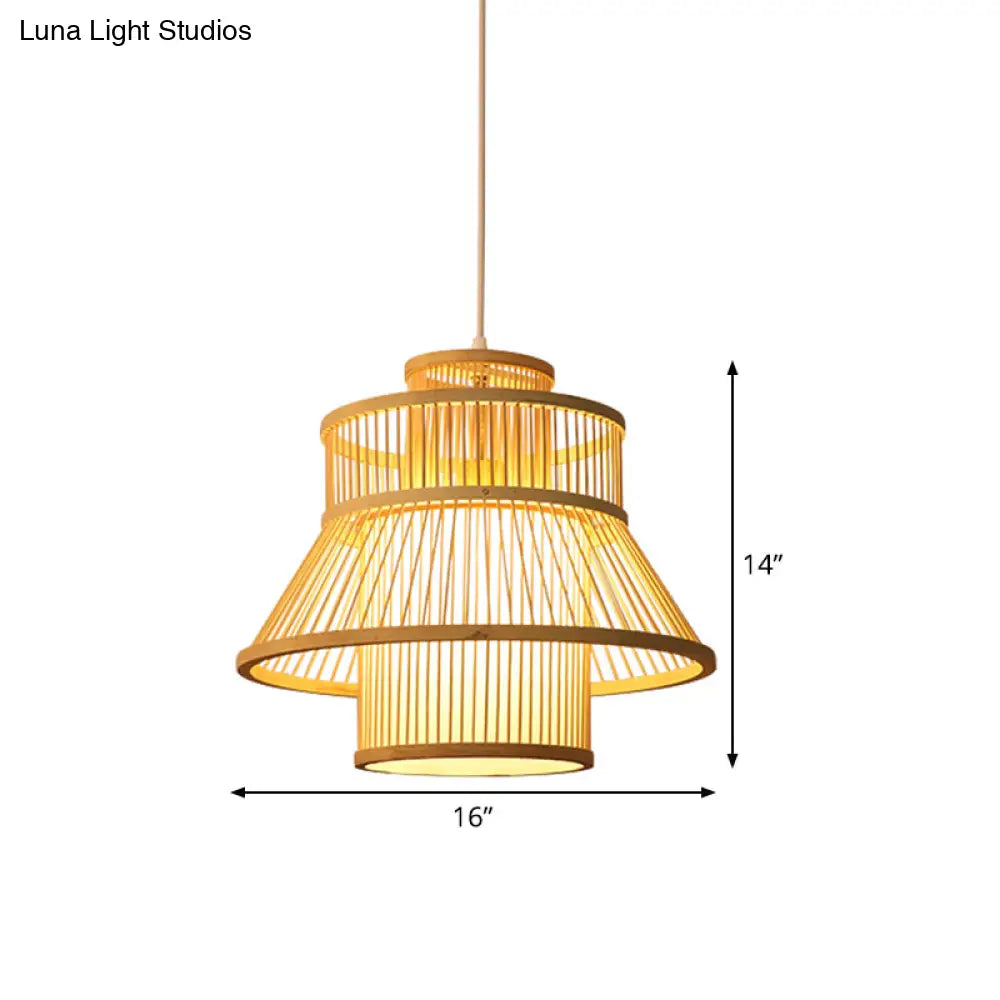 Chinese Bamboo Hanging Light: Flared Wood Design With 1 Bulb For Tearoom