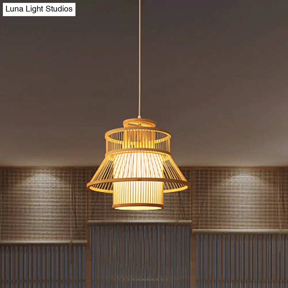 Chinese Bamboo Hanging Light: Flared Wood Design With 1 Bulb For Tearoom