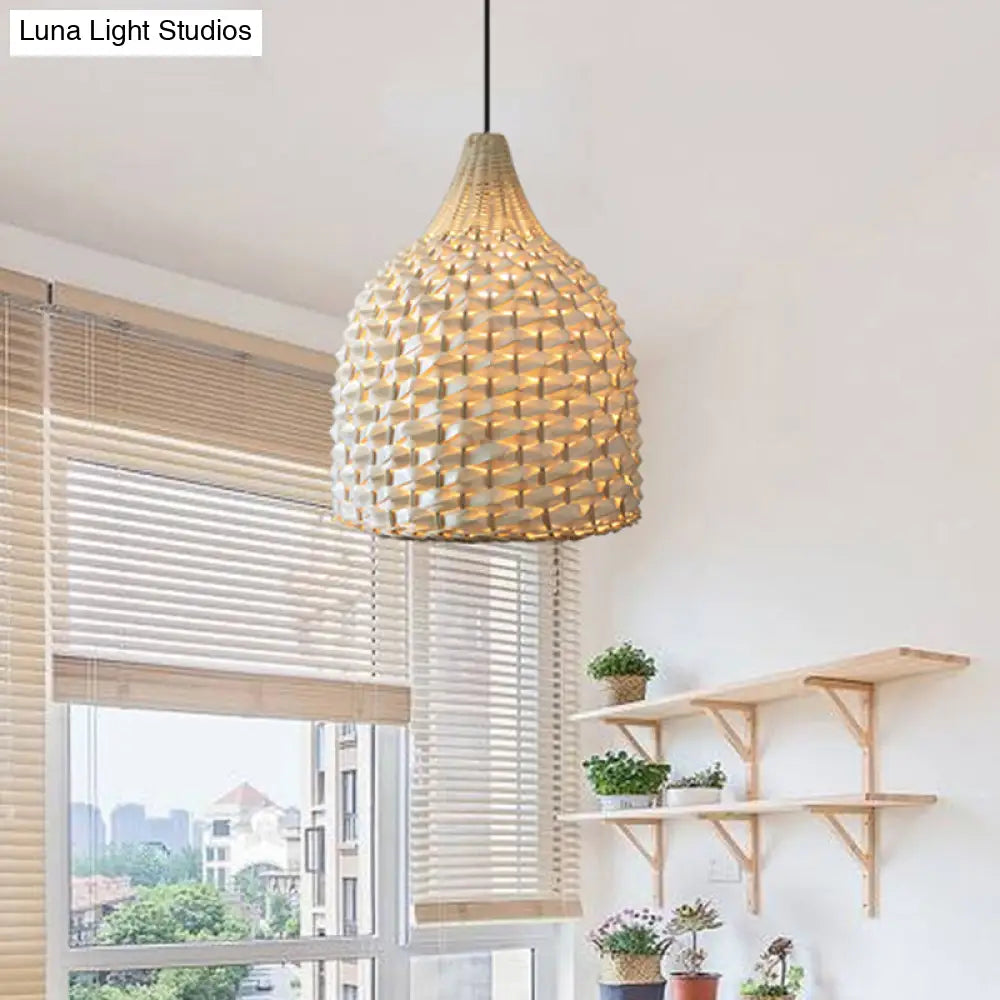 Chinese Bamboo Hanging Light: Handcrafted 1-Bulb Suspended Fixture In Beige