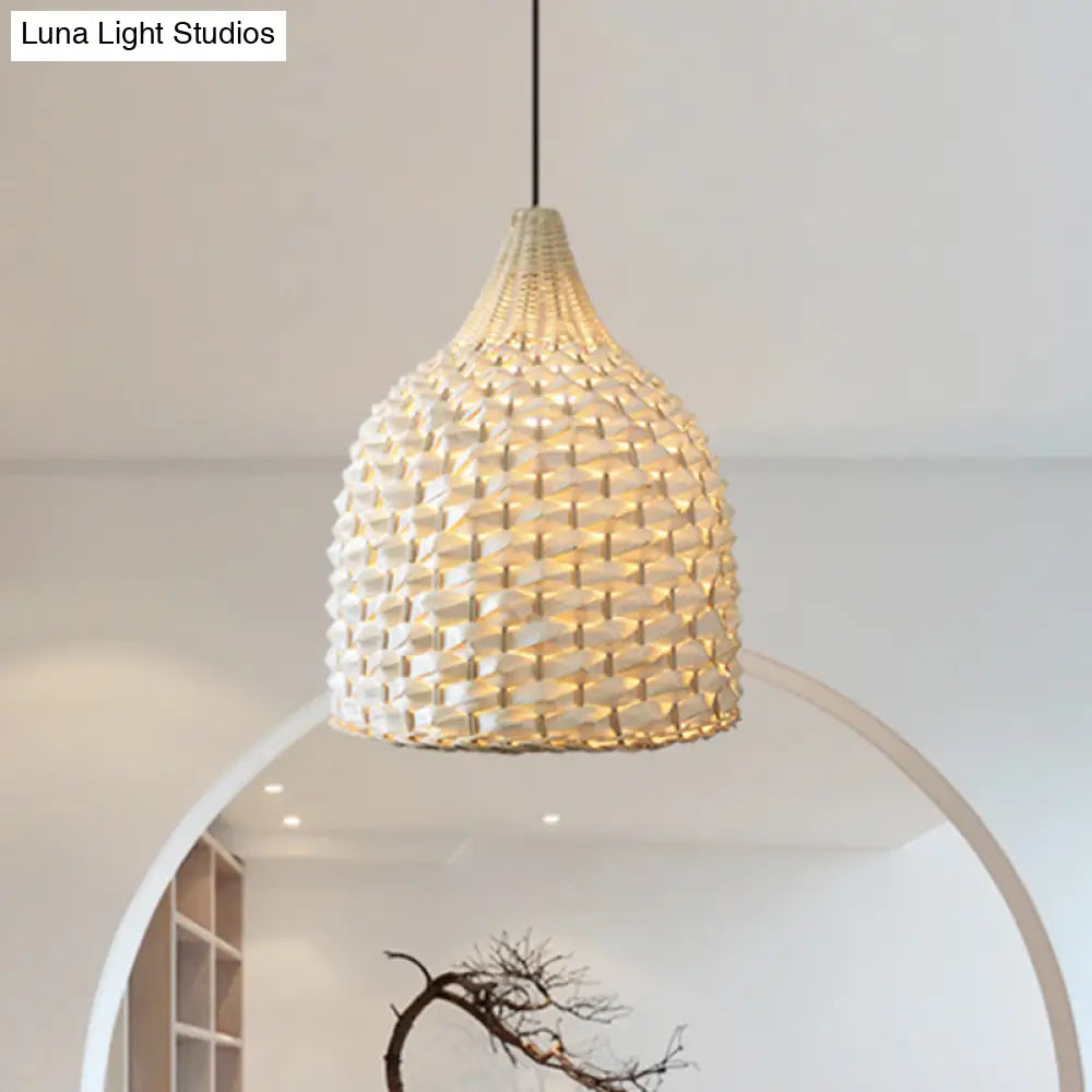 Chinese Bamboo Hanging Light: Handcrafted 1-Bulb Suspended Fixture In Beige