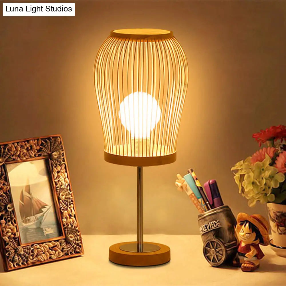 Chinese Bamboo Lantern Task Lighting: Small Beige Desk Lamp For Living Room