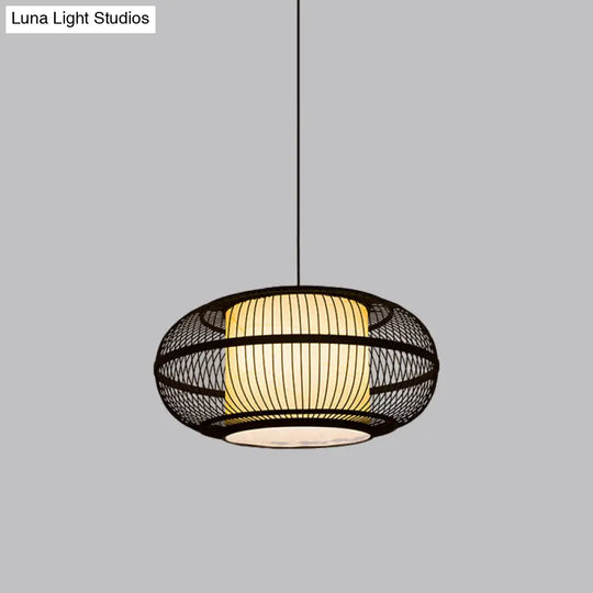 Chinese Bamboo Pendant Lamp With Ancient Riverside Town Print - Black Oval Ceiling Hanging Lantern