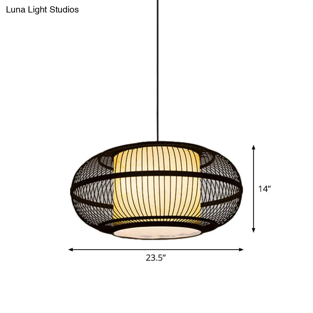 Chinese Bamboo Pendant Lamp With Ancient Riverside Town Print - Black Oval Ceiling Hanging Lantern