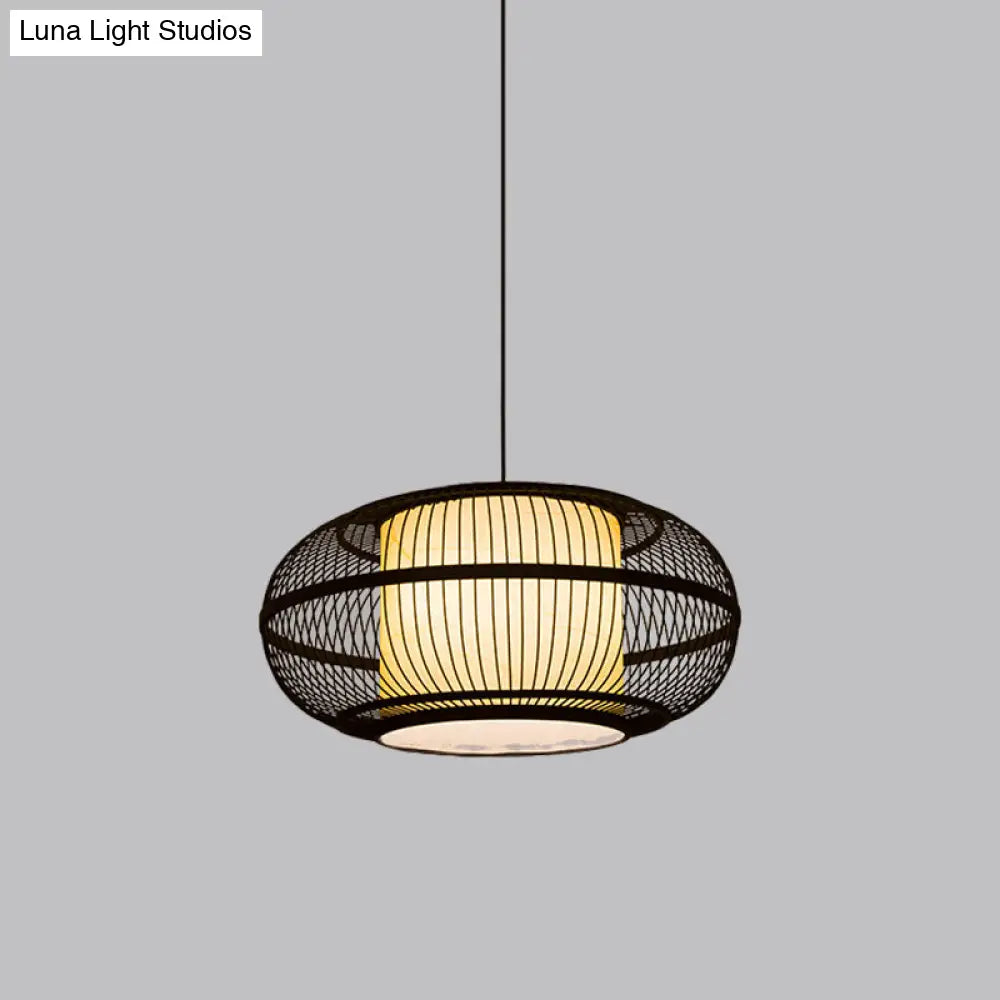 Chinese Bamboo Pendant Lamp With Ancient Town Print Black Oval Ceiling Hanging Lantern 19.5’/23.5’ W