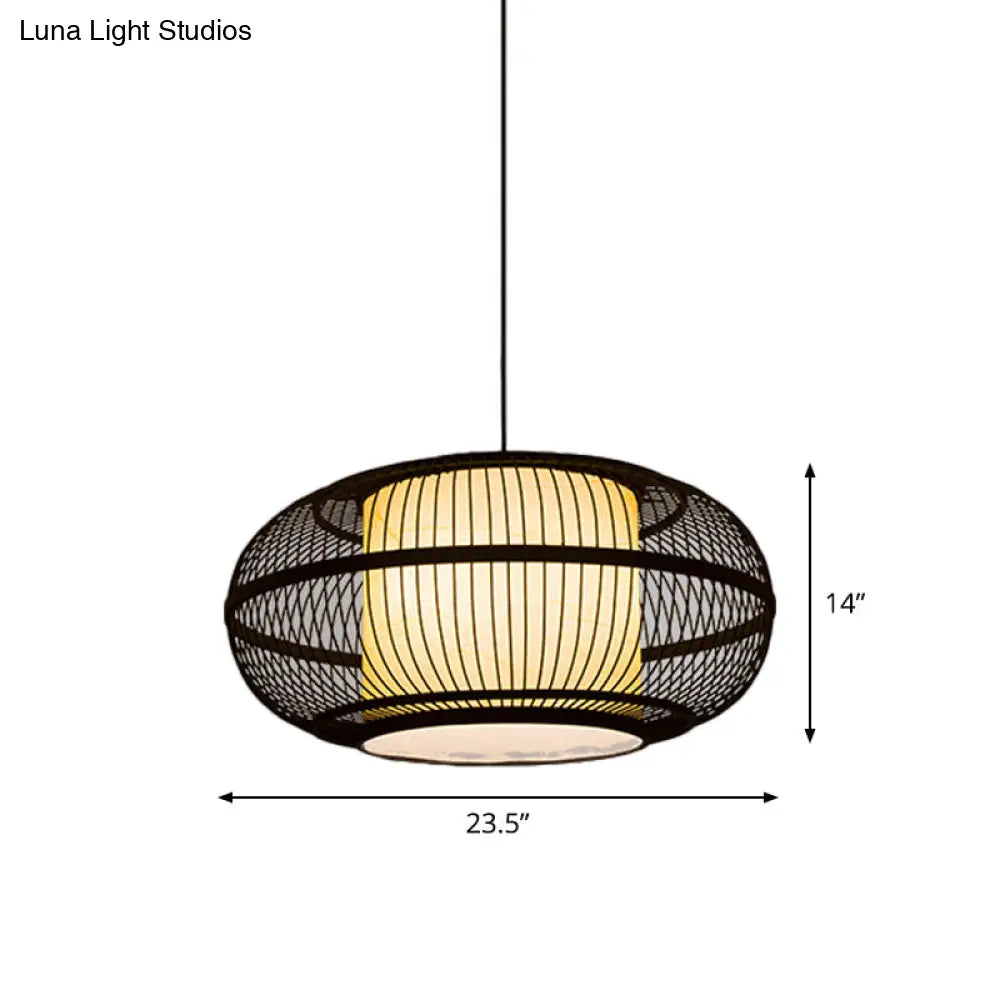 Chinese Bamboo Pendant Lamp With Ancient Town Print Black Oval Ceiling Hanging Lantern 19.5’/23.5’ W