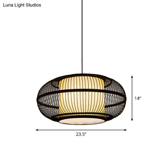 Chinese Bamboo Pendant Lamp With Ancient Town Print Black Oval Ceiling Hanging Lantern 19.5’/23.5’ W