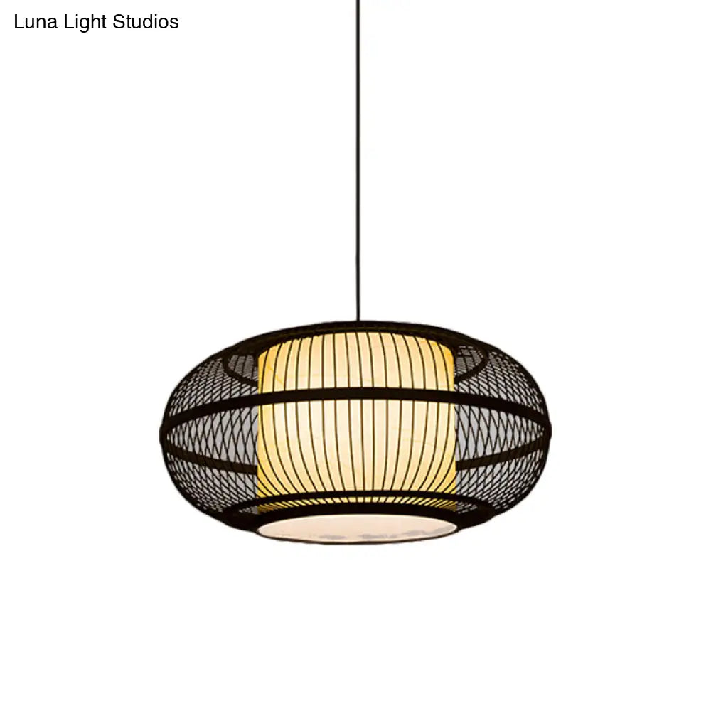 Chinese Bamboo Pendant Lamp With Ancient Riverside Town Print - Black Oval Ceiling Hanging Lantern