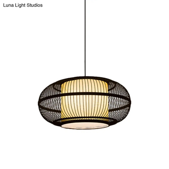 Chinese Bamboo Pendant Lamp With Ancient Riverside Town Print - Black Oval Ceiling Hanging Lantern