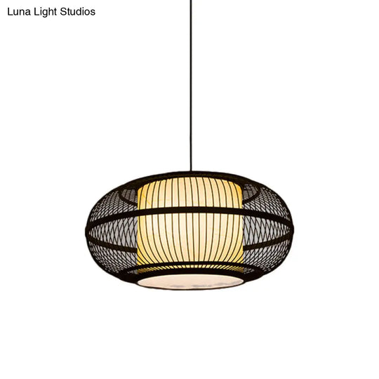 Chinese Bamboo Pendant Lamp With Ancient Town Print Black Oval Ceiling Hanging Lantern 19.5’/23.5’ W