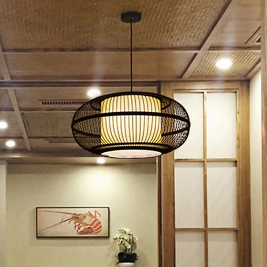 Chinese Bamboo Pendant Lamp With Ancient Town Print Black Oval Ceiling Hanging Lantern