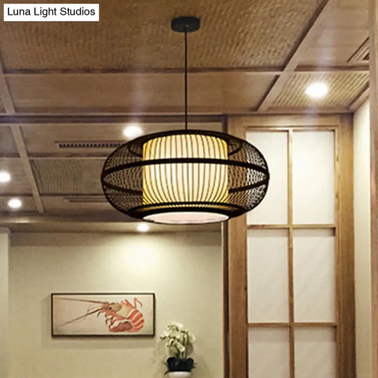 Chinese Bamboo Pendant Lamp With Ancient Riverside Town Print - Black Oval Ceiling Hanging Lantern