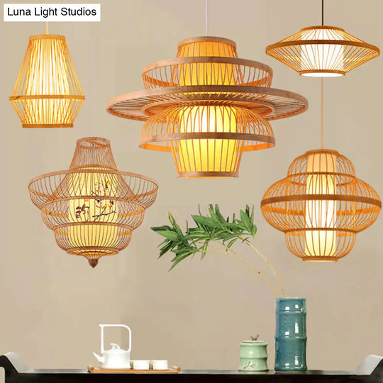 Chinese Style Bamboo Teardrop Pendant Light Kit Beige Hanging Lantern With Bubbling 3-Shades 1-Light