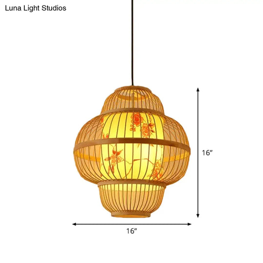 Chinese Bamboo Pendant Light Kit: Teardrop/Bubbling/3-Shade 1-Light Beige Lantern