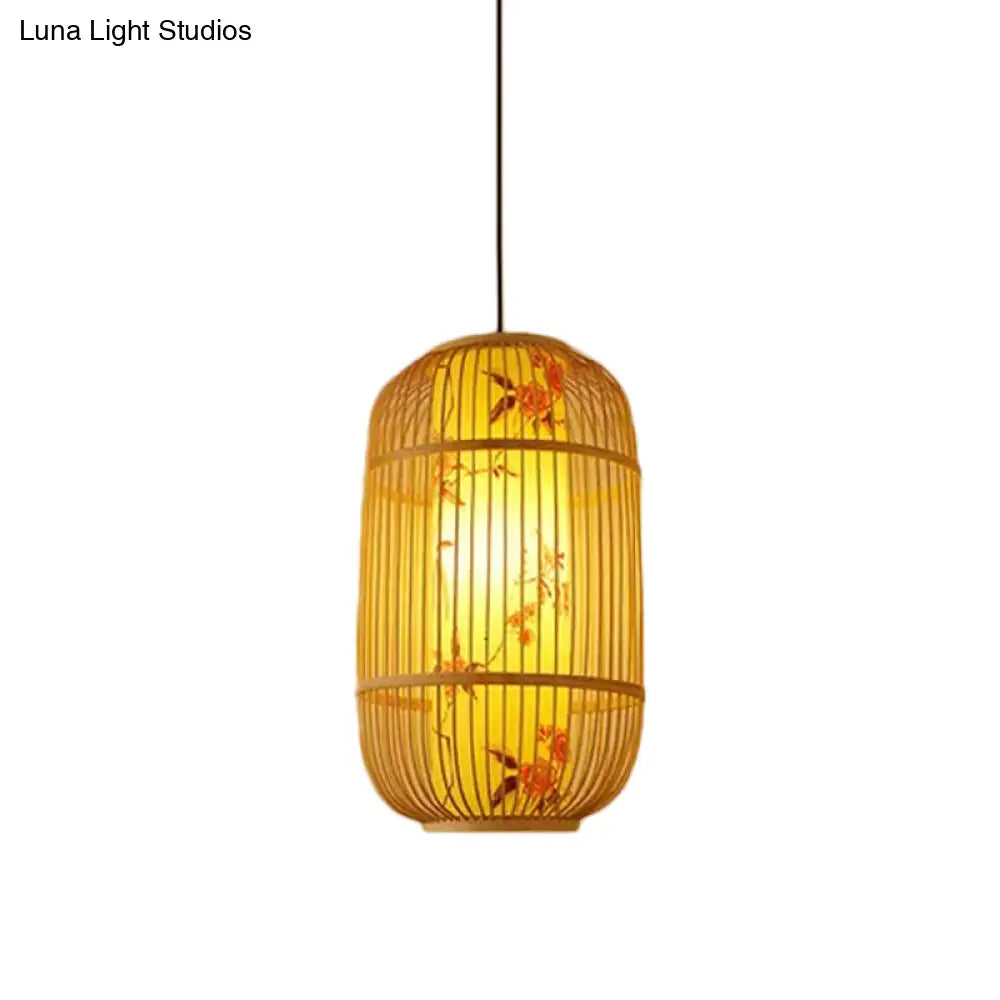 Chinese Style Bamboo Teardrop Pendant Light Kit Beige Hanging Lantern With Bubbling 3-Shades 1-Light