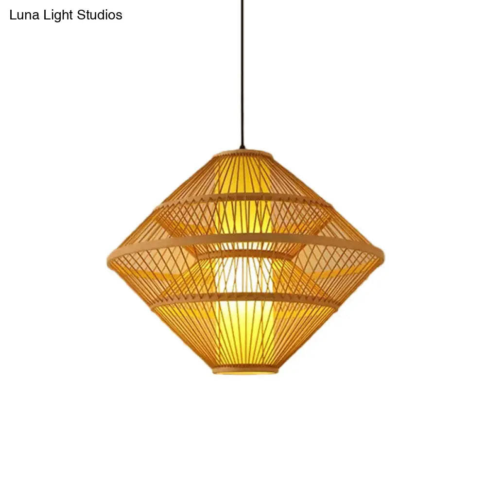 Chinese Style Bamboo Teardrop Pendant Light Kit Beige Hanging Lantern With Bubbling 3-Shades 1-Light