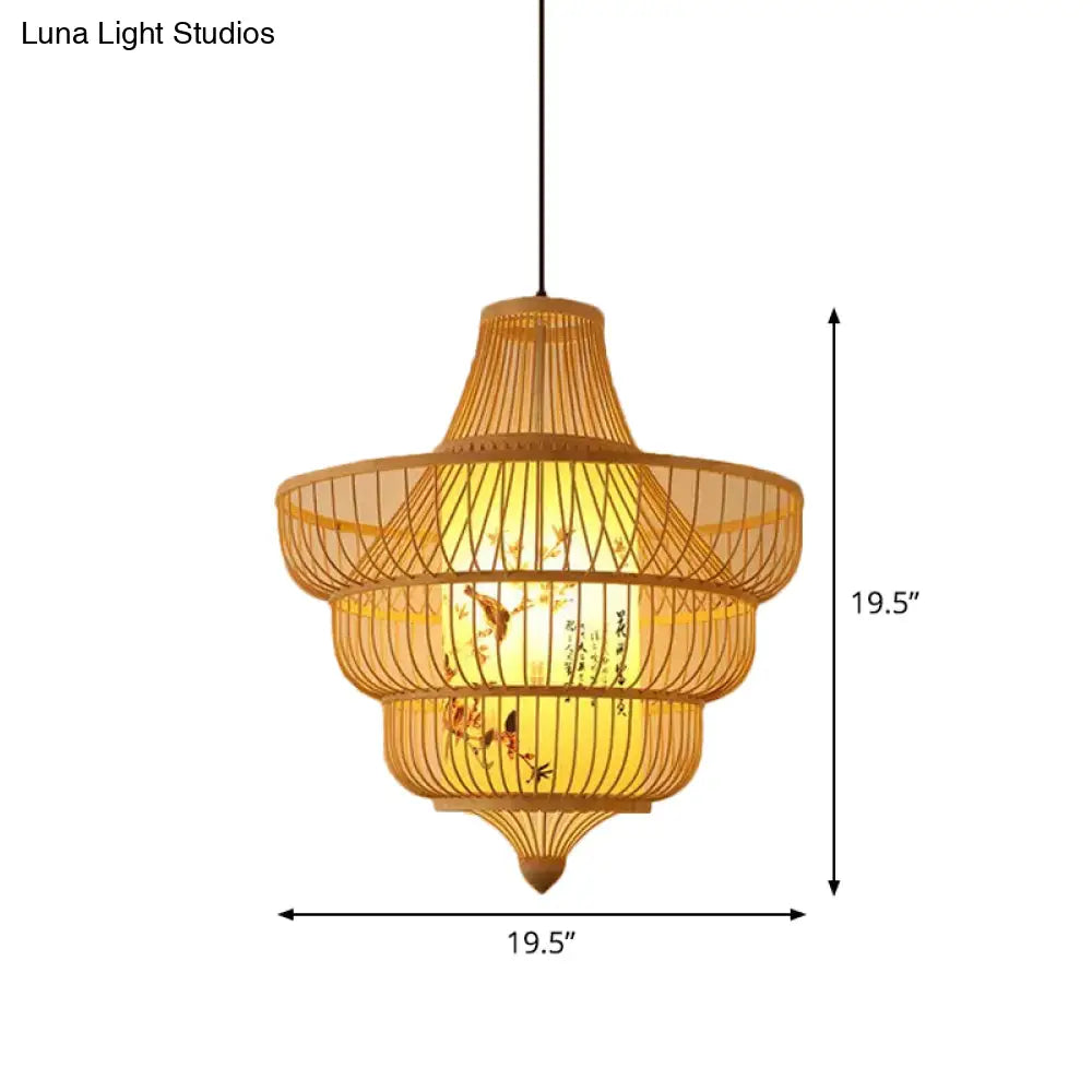 Chinese Bamboo Pendant Light Kit: Teardrop/Bubbling/3-Shade 1-Light Beige Lantern