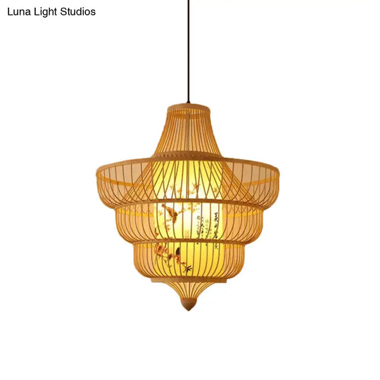 Chinese Style Bamboo Teardrop Pendant Light Kit Beige Hanging Lantern With Bubbling 3-Shades 1-Light