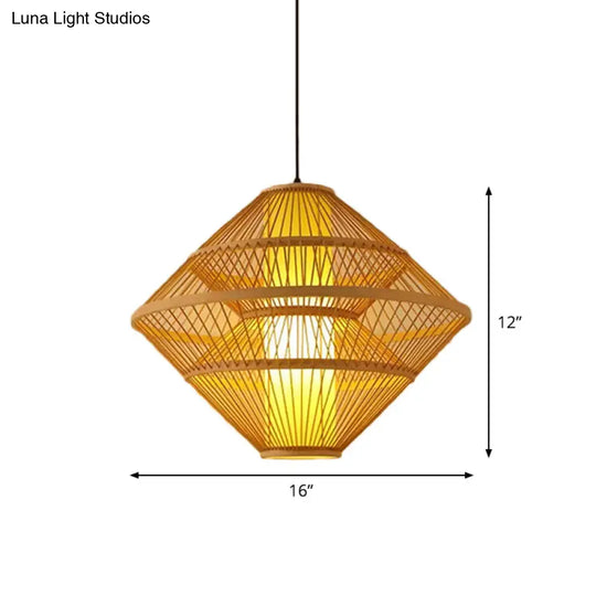 Chinese Style Bamboo Teardrop Pendant Light Kit Beige Hanging Lantern With Bubbling 3-Shades 1-Light