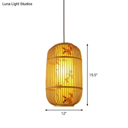 Chinese Style Bamboo Teardrop Pendant Light Kit Beige Hanging Lantern With Bubbling 3-Shades 1-Light