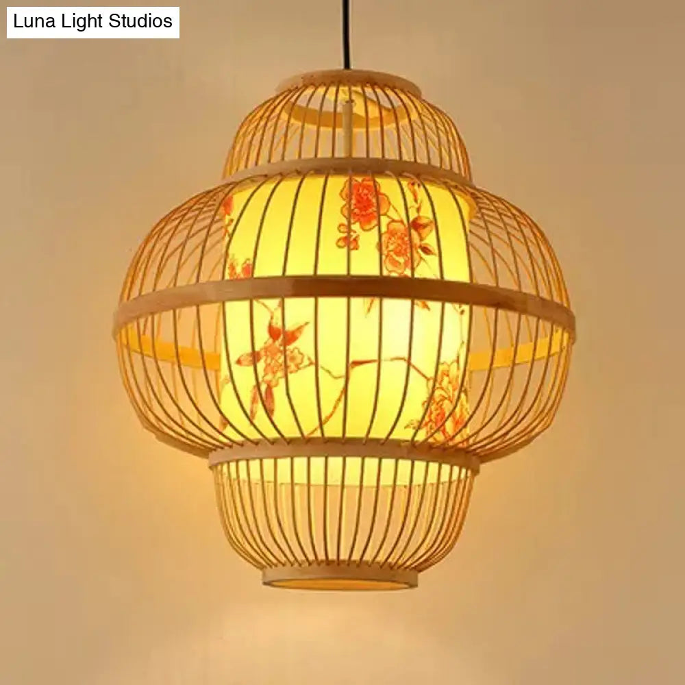 Chinese Bamboo Pendant Light Kit: Teardrop/Bubbling/3-Shade 1-Light Beige Lantern