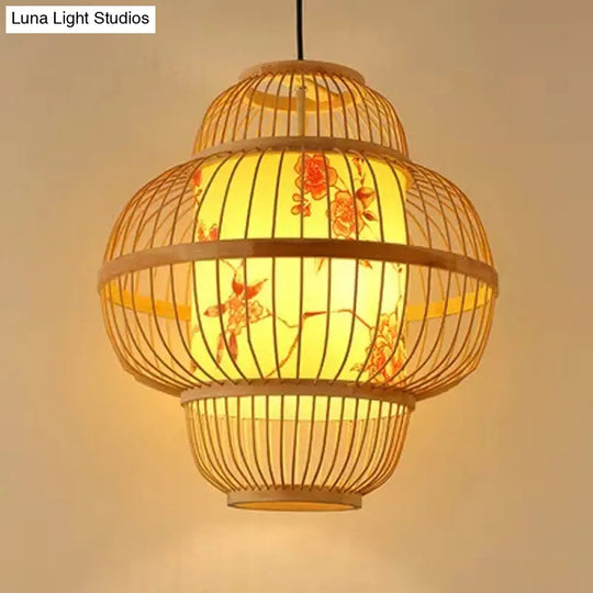 Chinese Bamboo Pendant Light Kit: Teardrop/Bubbling/3-Shade 1-Light Beige Lantern