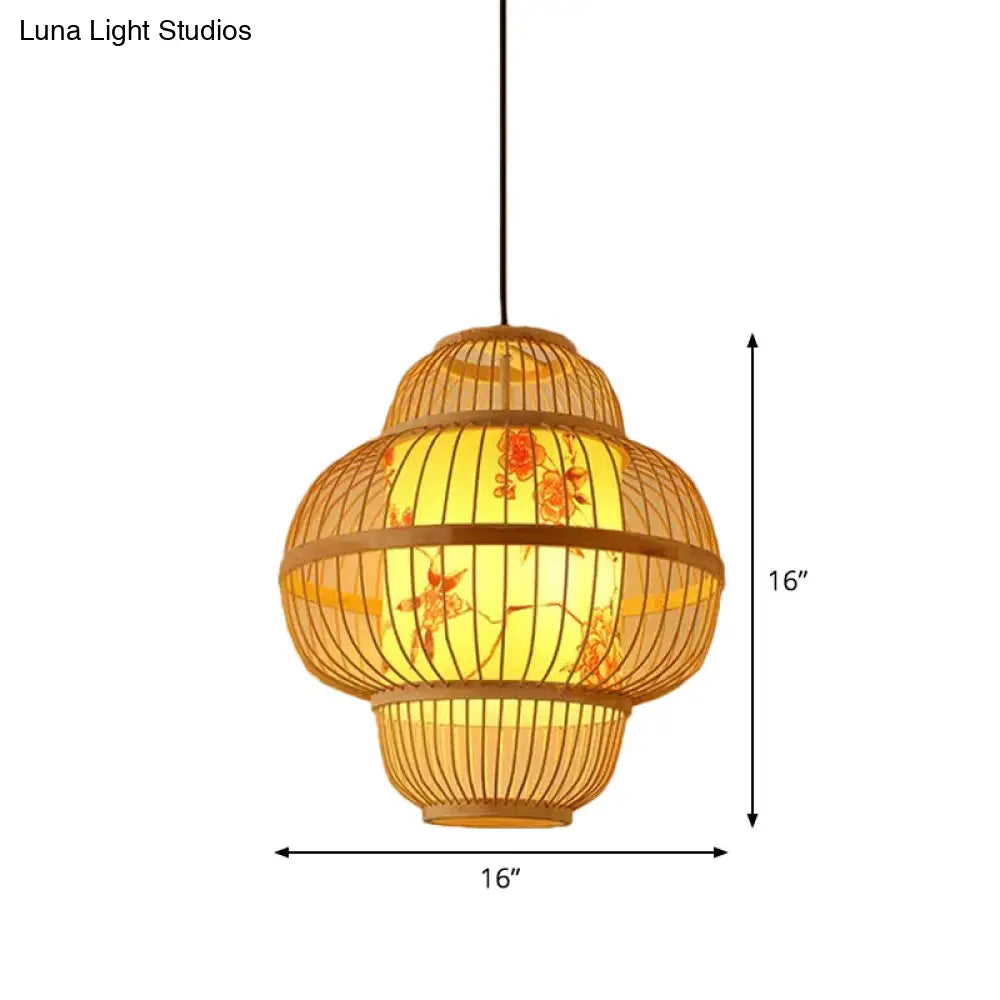 Chinese Style Bamboo Teardrop Pendant Light Kit Beige Hanging Lantern With Bubbling 3-Shades 1-Light