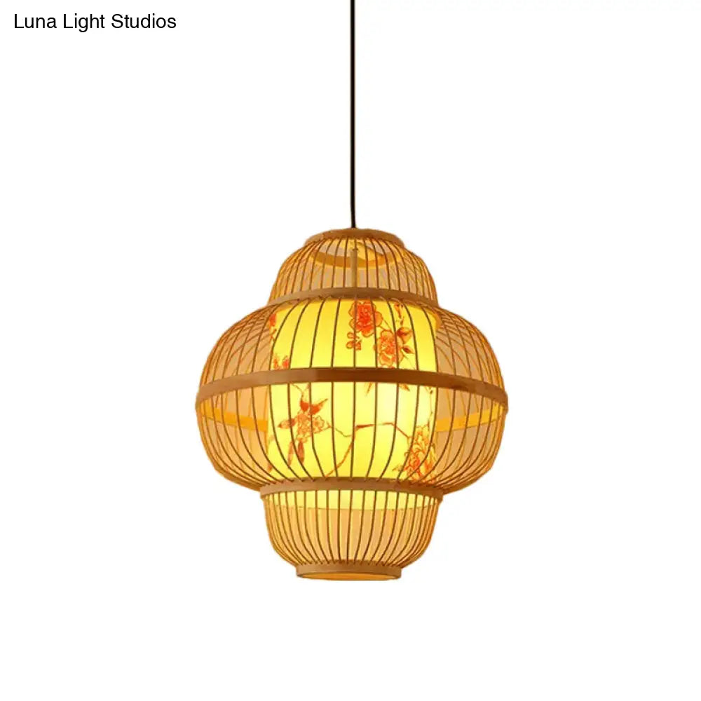 Chinese Style Bamboo Teardrop Pendant Light Kit Beige Hanging Lantern With Bubbling 3-Shades 1-Light