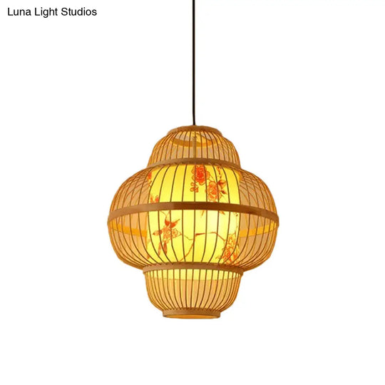 Chinese Style Bamboo Teardrop Pendant Light Kit Beige Hanging Lantern With Bubbling 3-Shades 1-Light