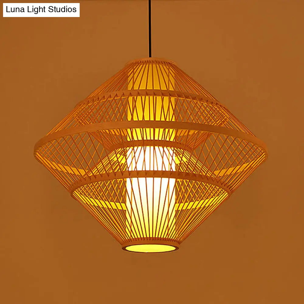 Chinese Style Bamboo Teardrop Pendant Light Kit Beige Hanging Lantern With Bubbling 3-Shades 1-Light