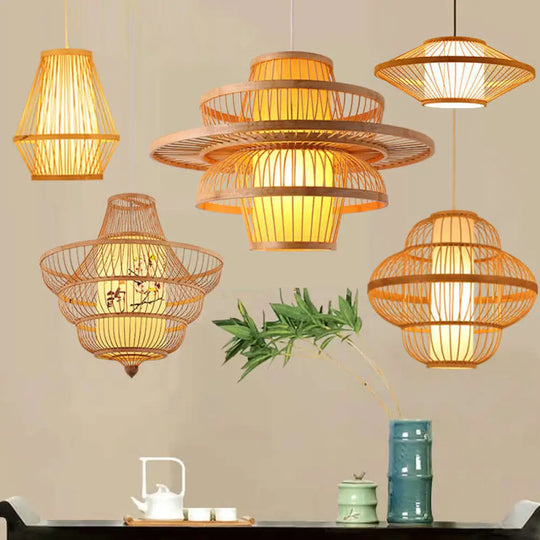 Chinese Bamboo Pendant Light Kit: Teardrop/Bubbling/3-Shade 1-Light Beige Lantern / D