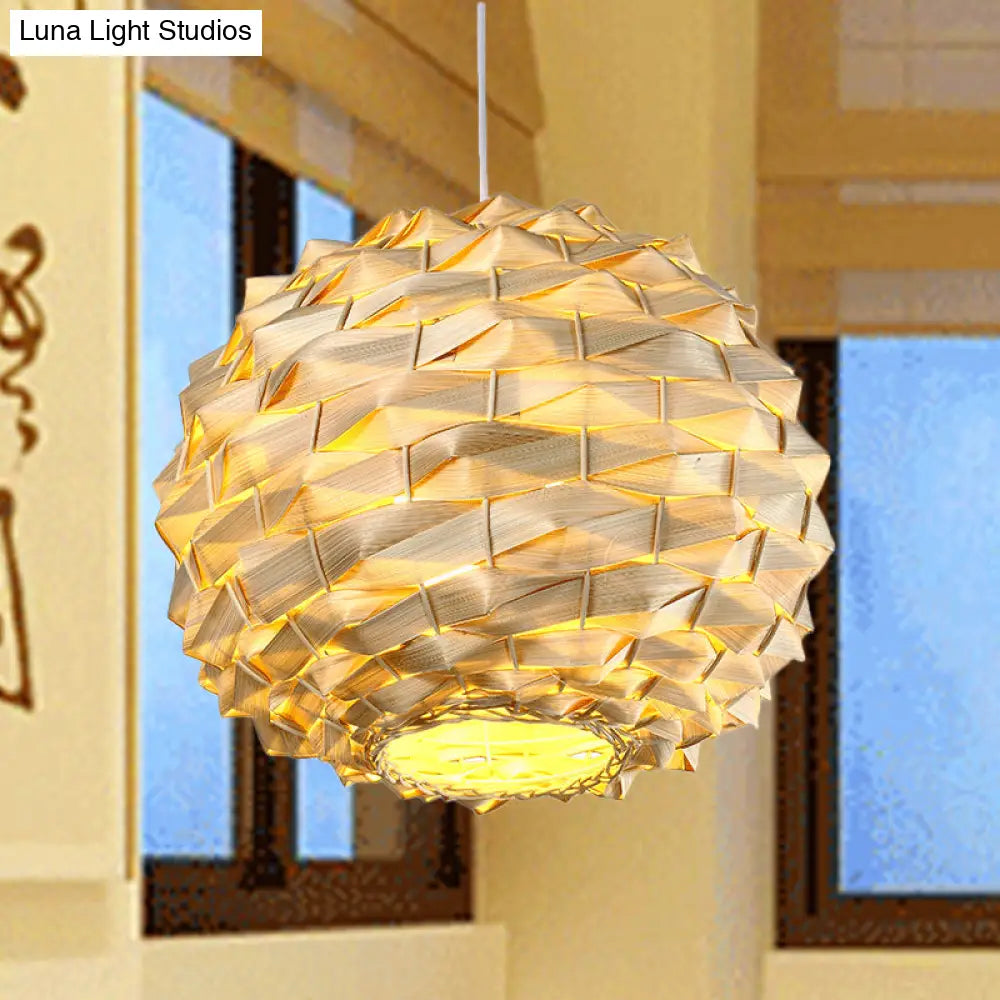 Chinese Bamboo Round Ceiling Lamp - 11/15 Wide 1 Bulb Beige Suspended Light Fixture