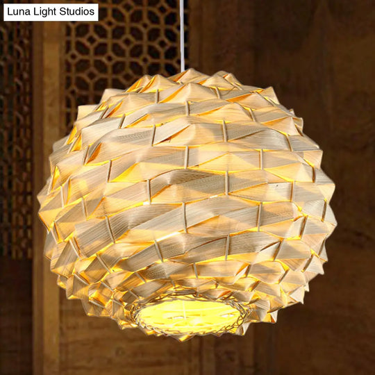 Chinese Bamboo Round Ceiling Lamp - 11/15 Wide 1 Bulb Beige Suspended Light Fixture